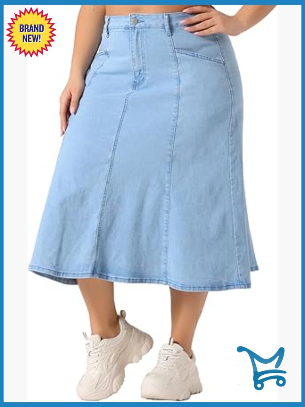 Plus Size High Waist Midi Denim A-Line Skirt with Pockets